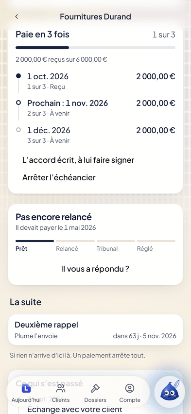 Un paiement en trois fois suivi dans un dossier : 2 000 € reçus sur 6 000 €, le prochain versement le 1er novembre, et la suite du plan si rien n’arrive.